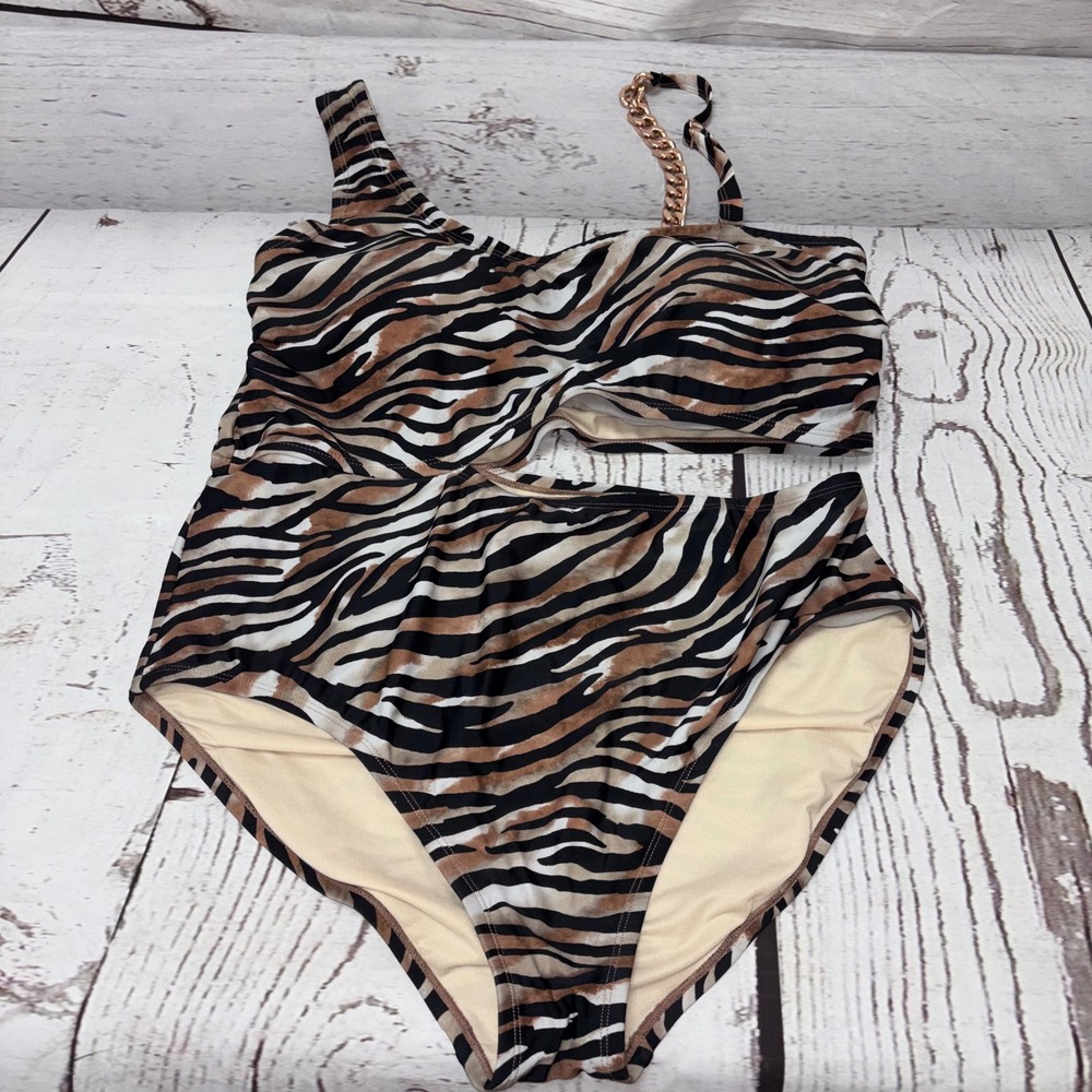 Lysa Womens Zebra Print Cutout One Piece Swimsuit Chain Strap Brown 1X 18W-20W